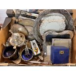CARTON CONTAINING SILVER PLATED PHOTOGRAPH FRAMES AND OTHERS, SALVER, SUCRIER, BOTTLE STOPPERS,