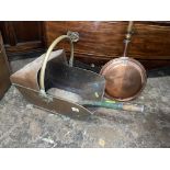 COPPER COAL SCUTTLE WITH SWING HANDLE AND COPPER WARMING PAN