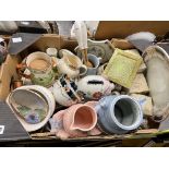 BOX OF MISCELLANEOUS CERAMICS INCLUDING SHORTERWARE JUG AND TRAY, LAWLEYS CHEERIO MUG, MONEY BANK,