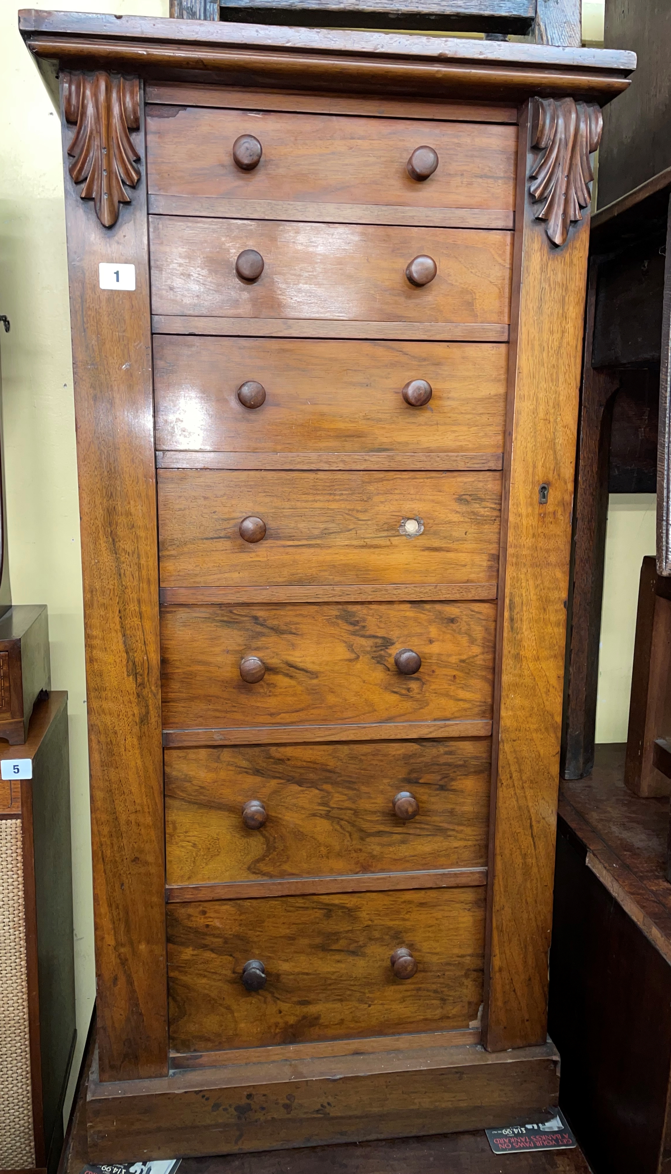 VICTORIAN WALNUT WELLINGTON CHEST WITH LOCKING PILASTER ON PLINTH BASE