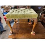 GOOD QUALITY GEORGE I STYLE WALNUT UPHOLSTERED STOOL ON CARVED ACANTHUS CABRIOLE LEGS