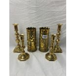 PAIR OF TRENCH ART SHELL CASE CRIMPED VASES AND TWO PAIRS OF CANDLESTICKS