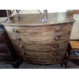 GEORGE III MAHOGANY CROSSBANDED BOW FRONTED CHEST ON SPLAY BRACKET FEET