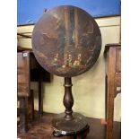 19TH CENTURY LACQUERED CIRCULAR TILT TOP PEDESTAL TABLE PAINTED WITH EASTERN SCENE