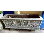 HEAVY STONE WORK DECORATED TROUGH PLANTER ON STYLED BLOCKS