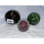 THREE GREEN GLASS BUBBLE PAPERWEIGHTS