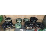 SHELF OF CENTREPIN FISHING REELS INCLUDING SHAKESPEARE GRAPHLITE, GARCIA MITCHELL 710 AUTOMATIC,