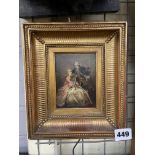 SMALL OIL PAINTING ON PANEL OF 18TH CENTURY FIGURES IN GILT FRAME
