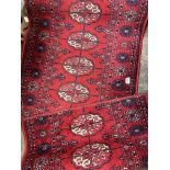 TWO MATCHING RED AND BLACK RUNNER CARPETS 143CM X 68CM 250CM X 68CM