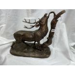 FRENCH STYLE ANIMALIER BRONZE GROUP OF A STAG RUTTING A TREE STUMP