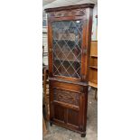 OAK CARVED LEADED GLAZED CORNER CABINET