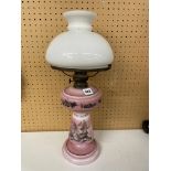 VICTORIAN PINK OPAQUE DECORATED GLASS OIL LAMP,