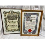 TWO FRAMED COMMEMORATIVE CITY OF COVENTRY CERTIFICATES