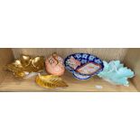 PORTUGUESE VISTA ALEGRE GILDED PORCELAIN LEAF DISHES AND GOURD BOX WITH COVER