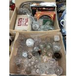 TWO BOXES OF MISCELLANEOUS GLASSWARES INCLUDING BOXED HORS D'OEUVRES SET,