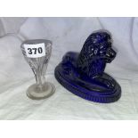 SOWERBY BRISTOL BLUE RECUMBENT LION AND AN ANTIQUE DRINKING GLASS