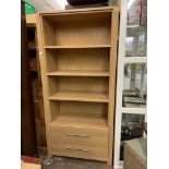 CONTEMPORARY OAK EFFECT BOOKCASE FITTED WITH TWO BASE DRAWERS H- 190CM W-90CM D-42CM