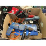 BOX CONTAINING A BOSCH POWER DRILL AND SANDER, MITRE SAW,