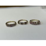 THREE 9K YELLOW GOLD SPINEL AND ZIRCON SET DRESS RINGS 6.