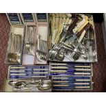 BOX OF PLATED FLAT WARE AND VARIOUS BOXES OF A ROGERS CUTLERY