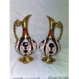 PAIR OF ROYAL CROWN DERBY BONE CHINA GILDED FLATTENED OVOID EWER VASES