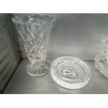 HEAVY CUT GLASS WATERFORD ASHTRAY AND TAPERED LOZENGE VASE
