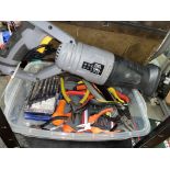 TITAN RECIPROCATING SAW AND A BOX OF VARIOUS PLIERS AND ELECTRICAL SNIPS