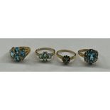 FOUR 9CT/9K AQUA/TOPAZ DRESS RINGS 12G APPROX