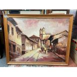 20TH CENTURY OIL ON CANVAS FIGURES IN A STREET SCENE FRAMED