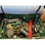 CRATE CONTAINING BUNGEE TIES, BIKE CHAIN CLEANING KIT, TORCHES,