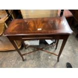 REPRODUCTION MAHOGANY CROSS BANDED SIDE TABLE WITH FITTED DRAWER AND CROSS STRETCHERS