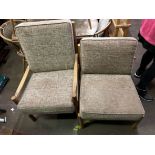 TWO BEECH FRAMED ARMCHAIRS WITH CUSHIONS