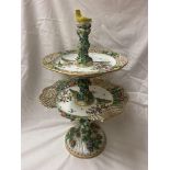 MEISSEN THREE TIER CAKE STAND WITH ENCRUSTED FLORAL DECORATION AS FOUND