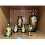 BOHEMIA GREEN AND GILT DECANTER AND STOPPER, SMALL CHALICE, BELL,