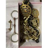 SMALL BOX - HORSE BRASSES ON STRAPS, BRASS DOOR FITTINGS,