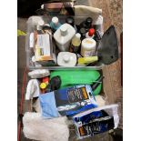 BOX OF VARIOUS CAR CLEANING PRODUCTS, JERRY CAN, CLOTHS, SOAPS,