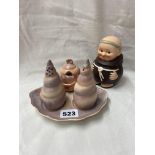 CARLTON WARE SCALLOP SHELL THREE PIECE CONDIMENT SET AN A W GOEBEL FRIAR PRESERVE JAR AND COVER