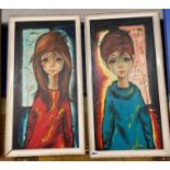 PAIR OF VINTAGE 1960S POP ART BIG EYED CHILDREN OIL PAINTINGS IN A STYLE SIMILAR TO MEDEIROS