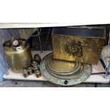 BRASS EMBOSSED PLAQUES AND SELECTION OF BRASS AND METAL WARE