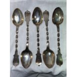 FIVE WHITE METAL CONTINENTAL SPIRAL TWIST SPOONS