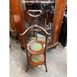 MAHOGANY TWO PLATEAU CAKE STAND AND A SMALL OAK JARDINIERE STAND