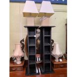 PAIR OF BLACK PIGEONHOLE CD PEDESTALS AND A PAIR OF LAMPS 83CM H