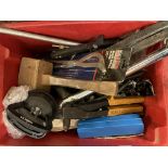 RED CRATE OF VARIOUS TOOLS, MALLETS, BRAKE SPRING PLIERS,