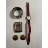 SILVER VESTA CASE,TWO UNMARKED T BARS,PLATED BELT BUCKLE NAPKIN RING WITH KITE MARK,