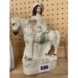 19TH CENTURY STAFFORDSHIRE FLAT BACK FIGURE OF A FEMALE ON HORSE BACK