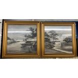 PAIR OF PAINTED JAPANESE LANDSCAPES ON SILK IN MOULDED GILDED FRAMES 50CM X 50CM