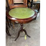 REPRODUCTION LEATHER TOPPED CIRCULAR DRUM TABLE AND QUADRANT WOTNOT STAND