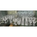 SHELF OF GOOD QUALITY CUT GLASSWARE INCLUDING TUMBLERS, BRANDY BALLOONS,