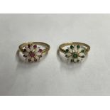 TWO 9K YELLOW GOLD EMERALD AND PEARL AND RUBY AND PEARL FLOWER HEAD CLUSTER RINGS 5.