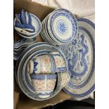 CHINESE DRAGON PATTERN BLUE AND WHITE RICE BOWLS AND DISHES